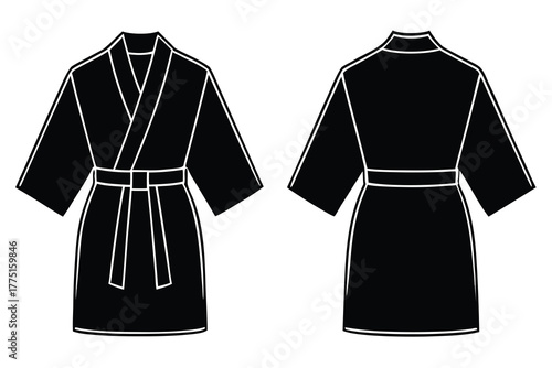 Front and back view of a black kimono style robe with a belt and white trim