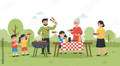 A diverse family enjoys a sunny barbecue picnic in a park with grilled food and laughter.
