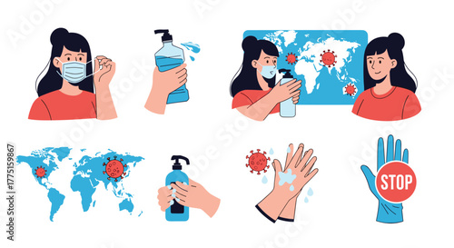 Illustrations depicting ways to prevent the spread of viruses, including wearing masks and washing hands.