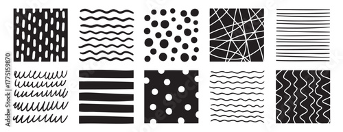 Hand drawn pen abstract pattern lines and shapes square set. Doodle pencil or marker line art elements
