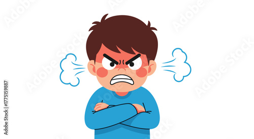 Angry cartoon boy with arms crossed, steam coming from his ears, expressing frustration.