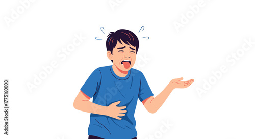 Boy with a disgusted expression and hand on his stomach, feeling sick.
