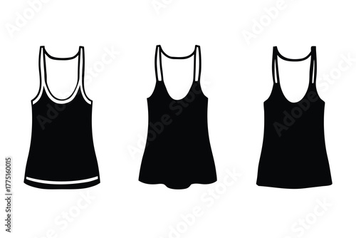 Set of three black tank tops with spaghetti straps and racerback designs