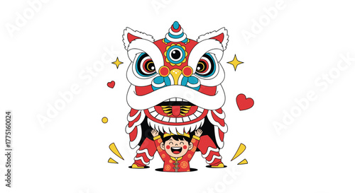 A boy in traditional clothing joyfully performs under a vibrant red and white lion dance costume during a celebration.