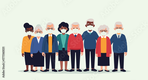 Diverse group of elderly people wearing protective face masks during a pandemic.