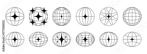 World globe retro grids in oval and round form with stars icons set. earth latitude and longitude line grid. futuristic design elements.