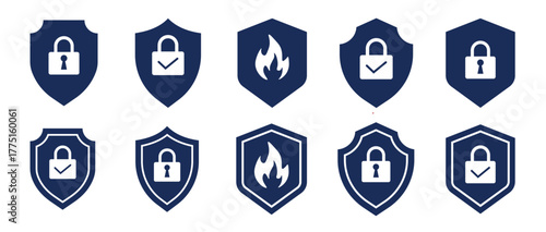 Set of security shield icons, security shields logotypes with check mark and padlock. Protect shield vector. 