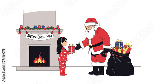 Santa Claus gives a Christmas present to a child in pajamas by a fireplace.