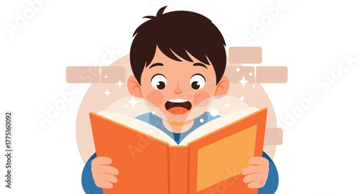 A young boy with an amazed expression reads an open book that glows with magic and sparkles.