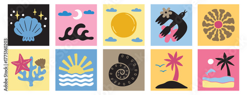 colorful abstract summer doodle silhouette collage elements, organic beach shapes and forms. hand drawn matisse ocean collection. modern elements trendy posters