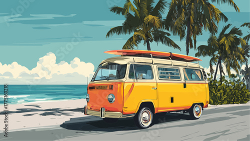 Vintage vw bus parked on beach road with surfboard and palm trees on a sunny tropical day scene