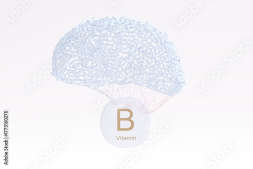 Vitamin B capsule lifting an abstract, brain-like shape, symbolizing its role in brain health, memory, and cognitive function. 3D render.