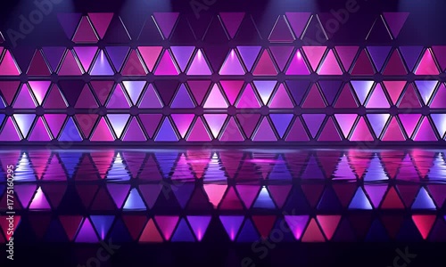 Abstract geometric background with illuminated triangular panels in shades of pink and purple reflecting on a wet floor with dramatic spotlight beams creating a futuristic and vibrant atmosphere