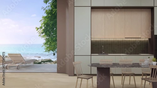 Minimalist coastal kitchen design shows large window to sea view and handleless cabinets. Soft daylight on empty wooden floor beside counter with tile backsplash near dining table 3d rendering.