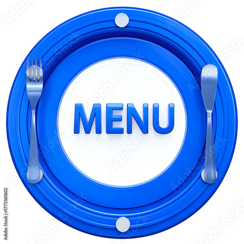 Blue plate with cutlery, white center displaying 