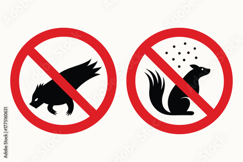Two red circle with slash prohibition signs showing animals not allowed