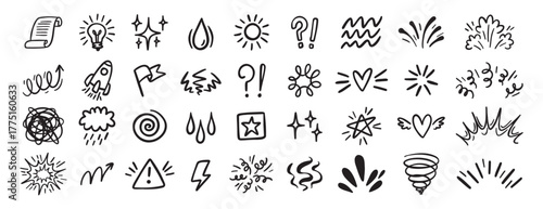 Comic effect icon set, manga doodle elements collection. Retro anime movement, exclamation and emphasis expressions. Doodle emotion of character in comic style