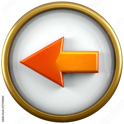 Bright orange arrow pointing left within a golden-rimmed, white-faced clock-like icon