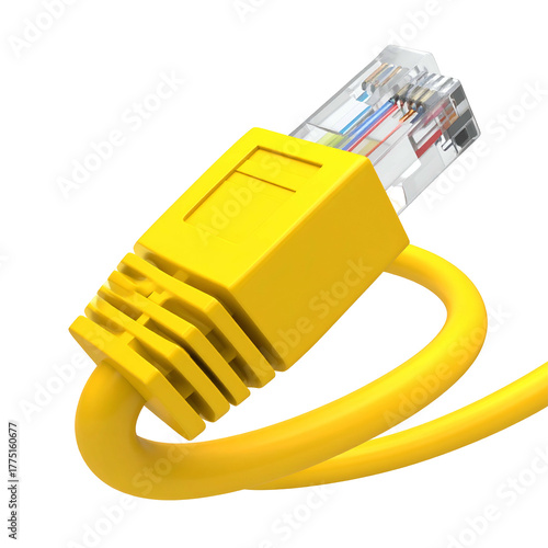 Close-up of a bright yellow Ethernet cable and connector against a stark black background