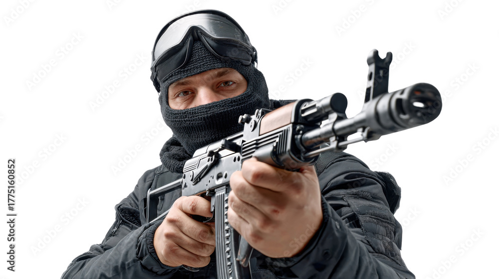 Obraz premium Elite Operative: A determined operative in tactical gear, intensely focused, aims an assault rifle, embodying precision and readiness.