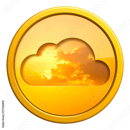 Golden, circular icon of a cloud with a radiant sunset backdrop
