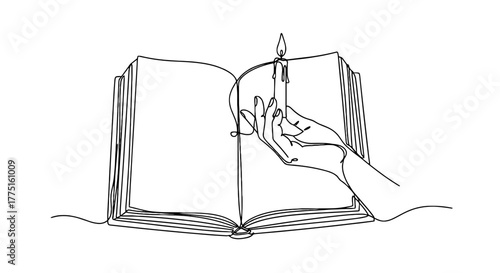Elegant Continuous Line Art of Open Book Illuminated by Candlelight in Hand, Symbolizing Knowledge and Inspiration, Set Against a Neutral Background for Modern Educational Resources and Spiritual Refl