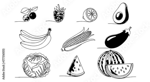 Colorful Fruits and Vegetables in Line Art Style Displayed on a Cream Background, Ideal for Nutrition Education, Healthcare Marketing, and Culinary Presentations Featuring Fresh Produce, Healthy Eatin