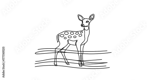 Fawn Standing Gracefully in Meadow: Single Line Art Illustration for Children's Storybooks and Nature Education, Minimalist Style with Detailed Outline, Gentle Design for Marketing Materials and Wildl