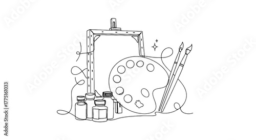 Artistic Still Life with Easel, Palette and Paintbrushes in Painter's Studio: Creative Hobby Equipment for Canvas Painting and Fine Art Projects, Arts Education, Creative Expression, Modern Colorful I