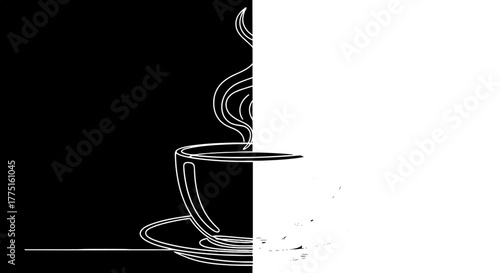 Aromatic Coffee Steaming in a Modern Cup & Saucer, Line Art on Split Tone Background – A Contemporary Illustration for Cafe Menus, Branding & Marketing Materials, Showcasing Fresh Brews, Hot Drinks, B