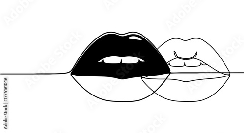 Abstract Fashion Lips Conversation: Continuous Line Drawing with Red and Blue Glossy Lip Illustration, Expressing Communication, Beauty and Attraction, Modern Minimalist Graphic for Beauty Industry an