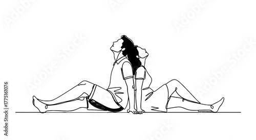 Relaxed Couple Leaning Back to Back Enjoying Peace & Quiet Together in Contemporary Line Art Style: Contemplative Connection in Romantic Outdoor Setting for Website Graphic or Inspirational Presentati