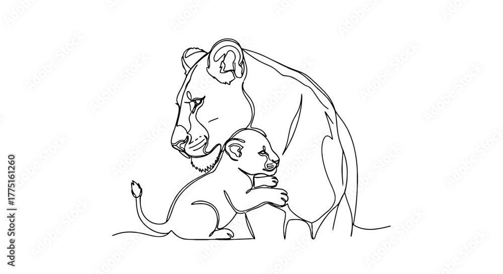 Obraz premium Lioness Protecting Cub in Continuous Line Art: Wildlife Motherhood, Conservation Concept, Minimalist Design for Animal Lovers, Nature Artwork, Family Bond Illustration, Endangered Species Awareness, T