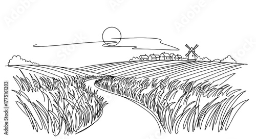 Picturesque Rural Landscape with Winding Path through Green Fields: Serene Farm Scene Depicting Countryside, Agriculture, and Peaceful Living, Ideal for Travel, Marketing, and Relaxation Themes, Moder