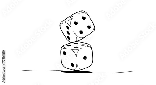 Stacked Dice Balancing Act: Precarious Risk-Taking in Gaming, Chance, and Strategy on White Background with Line Art Style for Presentations, Marketing, Casino Advertising, and Educational Materials (