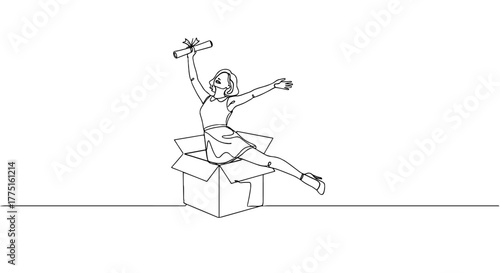 Excited Graduate Jumping Out of Box Celebrating Achievement, Single Continuous Line Art Illustration with Diploma in Hand, Exuberant Student Celebrating Success, Modern Graduation Concept for Educatio
