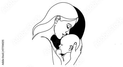 Loving Mother Embracing Newborn Baby in Tender Moment: A Minimalist Line Art Illustration of Family Connection and Maternal Care, Perfect for Healthcare, Parenting, and Mother's Day Designs, Featuring