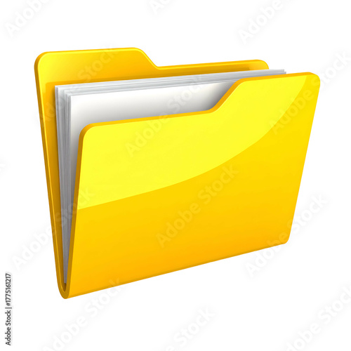 Shiny yellow folder icon with papers inside, rendered with highlights and shadows on black