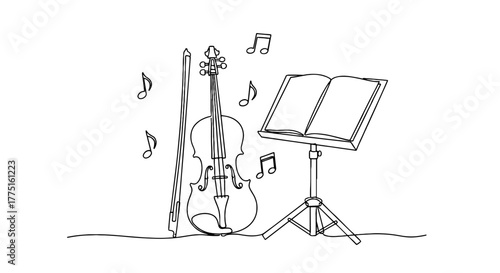 Elegant Violin Accompanied by Sheet Music in a Minimalist Style, Evoking Classical Music and Artistic Expression in a Serene Setting for Educational Resources, Cultural Events, and Creative Projects,