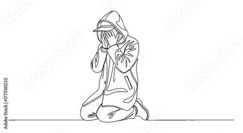 Kneeling Young Man with Hands Covering Face in Despair and Sorrow Wearing Hood in Anguish, Representing Mental Health and Emotional Crisis in Modern Society, Single Continuous Line Art Style, Graphic