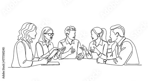 Diverse Team Collaboration Meeting: Business Professionals Discussing Strategy in Modern Office Setting, Continuous Line Art Style for Presentation, Marketing & Web Design, Corporate Brainstorming & P