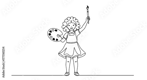 Enthusiastic Young Artist Holding Brush and Palette, Expressing Creativity in Studio, Promoting Art Education & Child Development, Simple Line Drawing Style for Websites & Presentations (girl, paintin