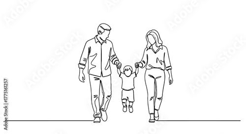Family Walking Together, a continuous line drawing depicting parents holding child's hands during a leisurely walk, symbolizes family unity and connection in a minimal, contemporary style ideal for li