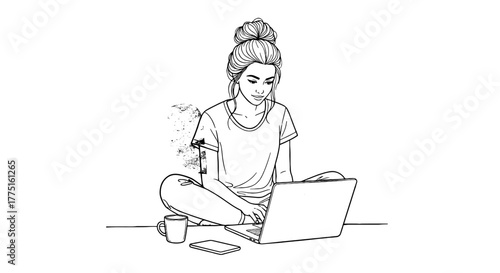 Young Woman Working on Laptop at Home, Relaxed in Casual Clothes, Cross-Legged on Floor, Conceptual Illustration for Modern Lifestyle, Freelancing, Education, and Technology, Minimalist Design with Co