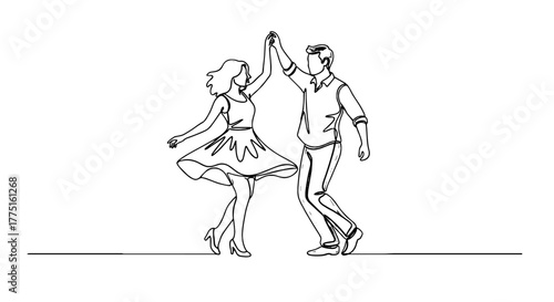 Elegant Couple Dancing in Celebration of Love and Romance, Expressing Joy and Happiness at a Wedding Reception or Anniversary Party, A Continuous Line Art Illustration for Invitations, Website Banners