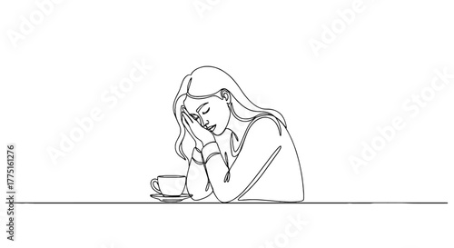 Pensive Woman Resting at Coffee Shop: Minimalist Line Art Illustration of Thoughtful Female Leaning on Hands with Coffee Cup in Simple Cafe Setting, Depression or Relaxation Concept for Healthcare Mar