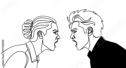 Angry Couple Arguing Face to Face in Aggressive Confrontation with Intense Emotion, Outlined Continuous Line Drawing, Conceptual of Relationship Problems, Business Conflict, Misunderstanding, Isolated