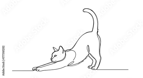 Elegant Feline Stretch: Contemporary Line Art of a Cat Stretching in a Minimalist Style, Ideal for Pet Industry Branding, Veterinary Clinic Marketing, Modern Home Decor Prints & Artistic  Posters, Bla