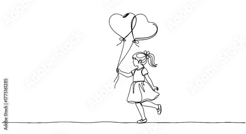 Joyful Young Girl Holding Heart Balloons Outdoors: A whimsical illustration of a happy child strolling across a grassy field, clutching red heart-shaped balloons, evoking love, innocence, and celebrat