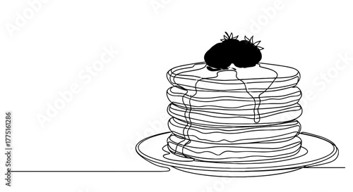 Stack of Pancakes Drizzled with Syrup and Fresh Raspberries on a Plate, Tempting Breakfast Still Life in Continuous Line Art Style with Aqua Background, Delicious Food for Restaurant Menu Design and S